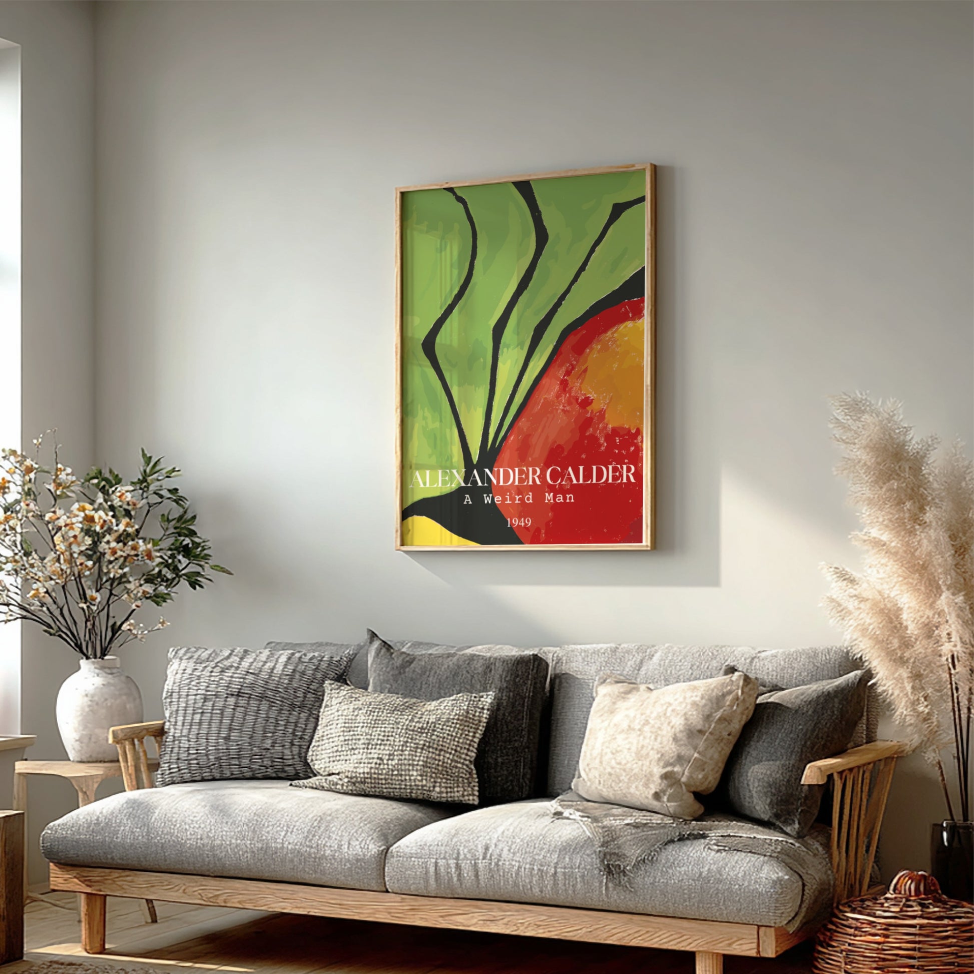 Poster of Alexander Calder's "A Weird Man" abstract drawing in green, red, and yellow.