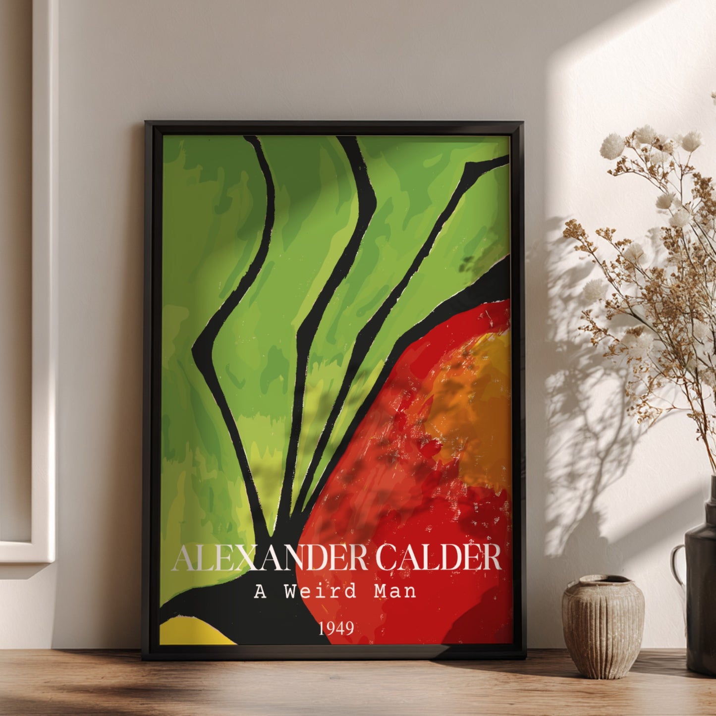 Poster of Alexander Calder's "A Weird Man" abstract drawing in green, red, and yellow.