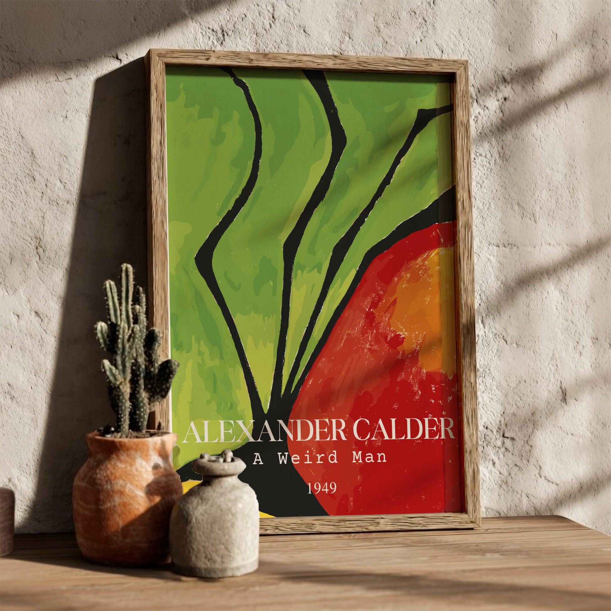 Poster of Alexander Calder's "A Weird Man" abstract drawing in green, red, and yellow.