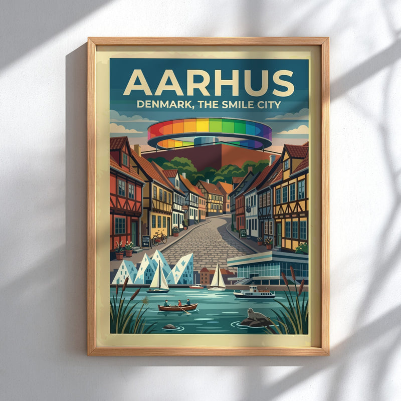 Travel poster of Aarhus Denmark featuring the rainbow walkway above timber houses and boats