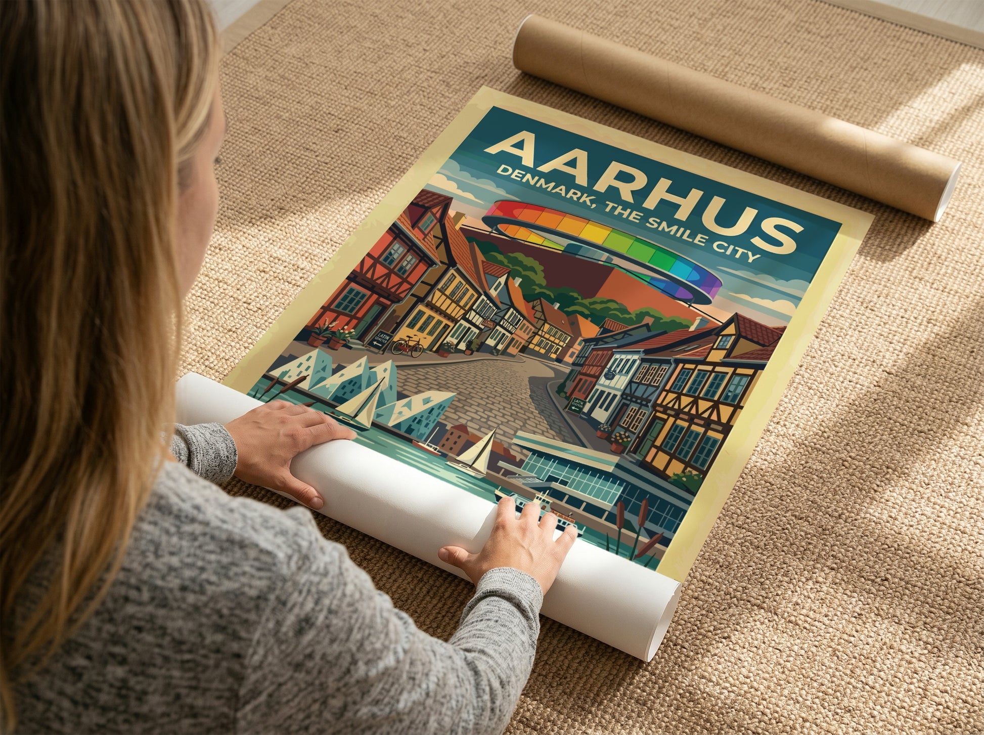 Travel poster of Aarhus Denmark featuring the rainbow walkway above timber houses and boats