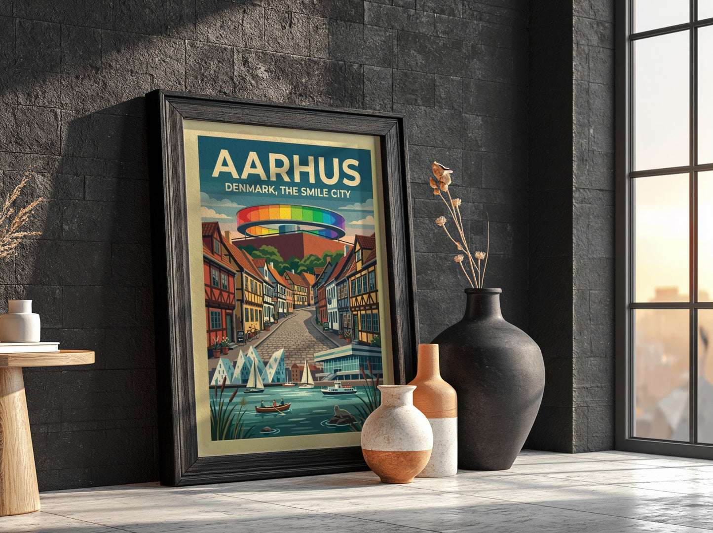 Travel poster of Aarhus Denmark featuring the rainbow walkway above timber houses and boats