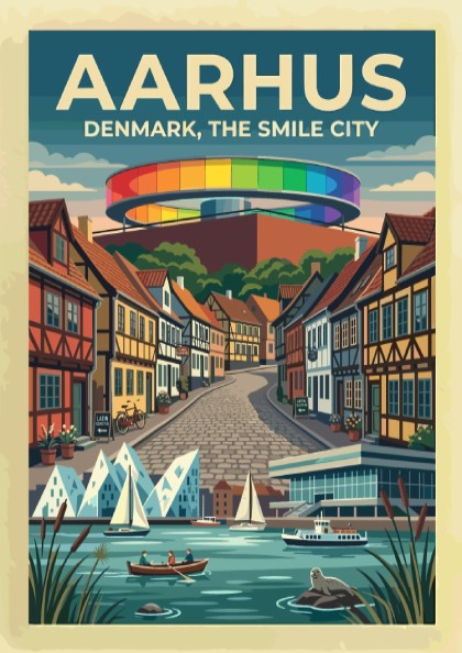 Travel poster of Aarhus Denmark featuring the rainbow walkway above timber houses and boats