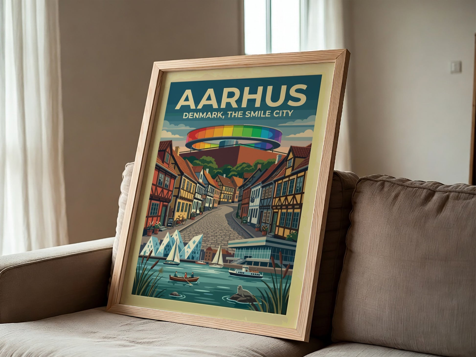 Travel poster of Aarhus Denmark featuring the rainbow walkway above timber houses and boats