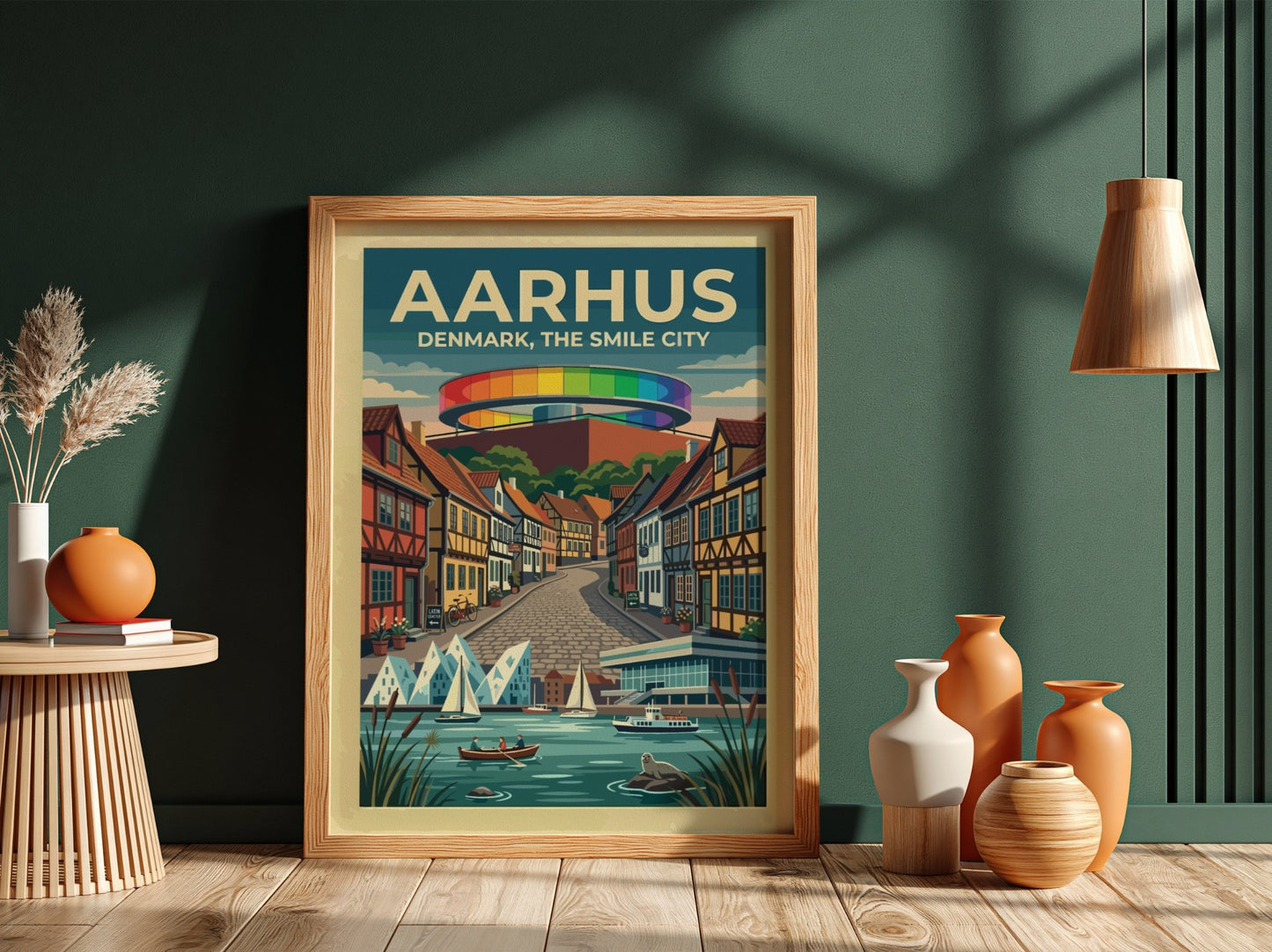 Travel poster of Aarhus Denmark featuring the rainbow walkway above timber houses and boats