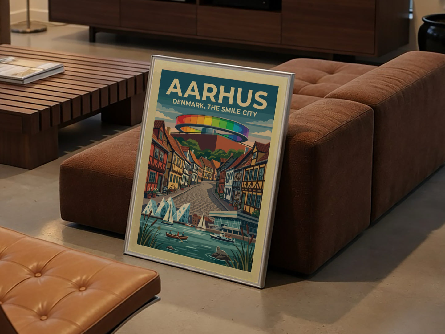 Travel poster of Aarhus Denmark featuring the rainbow walkway above timber houses and boats