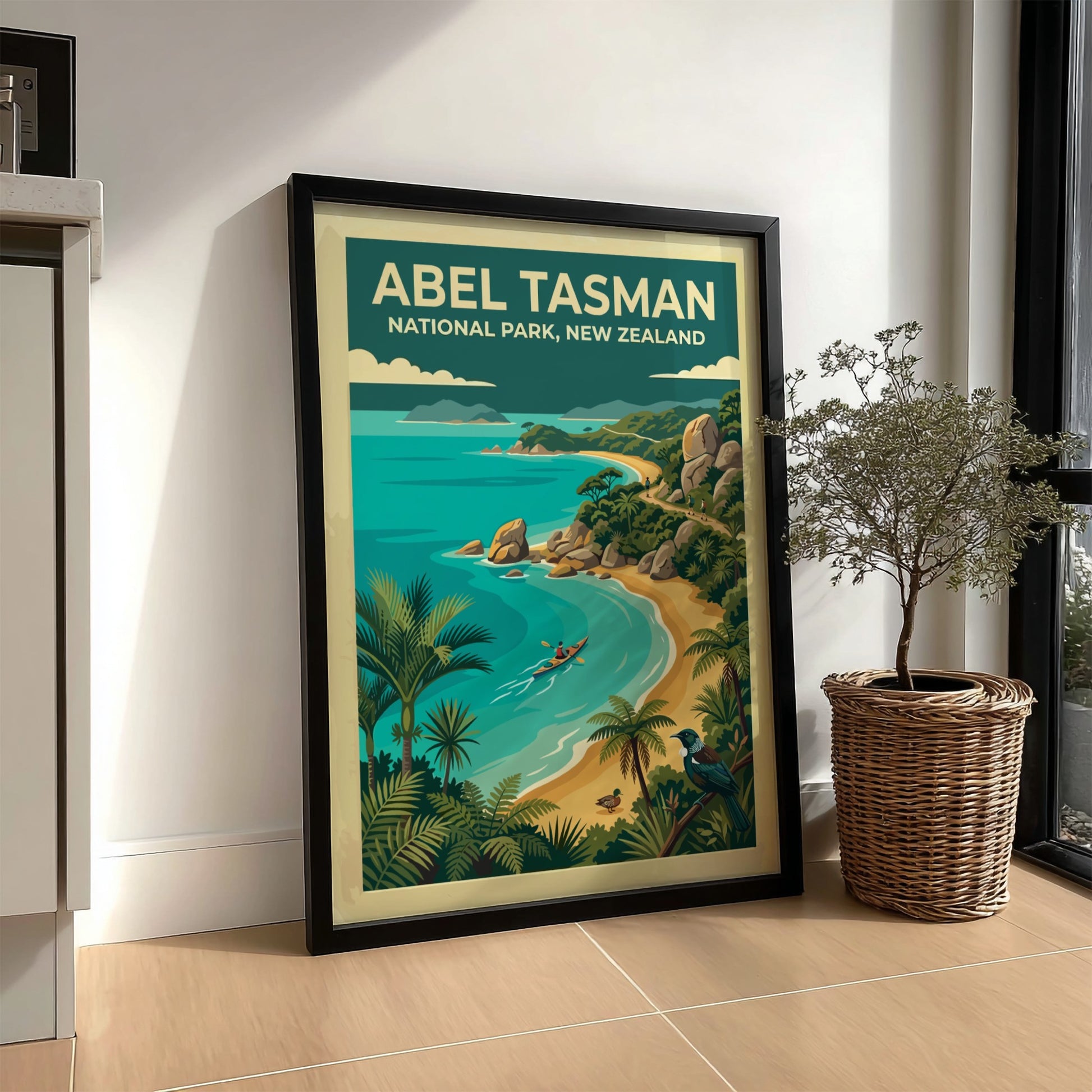 Abel Tasman National Park travel poster featuring a kayaker on turquoise water and palms.