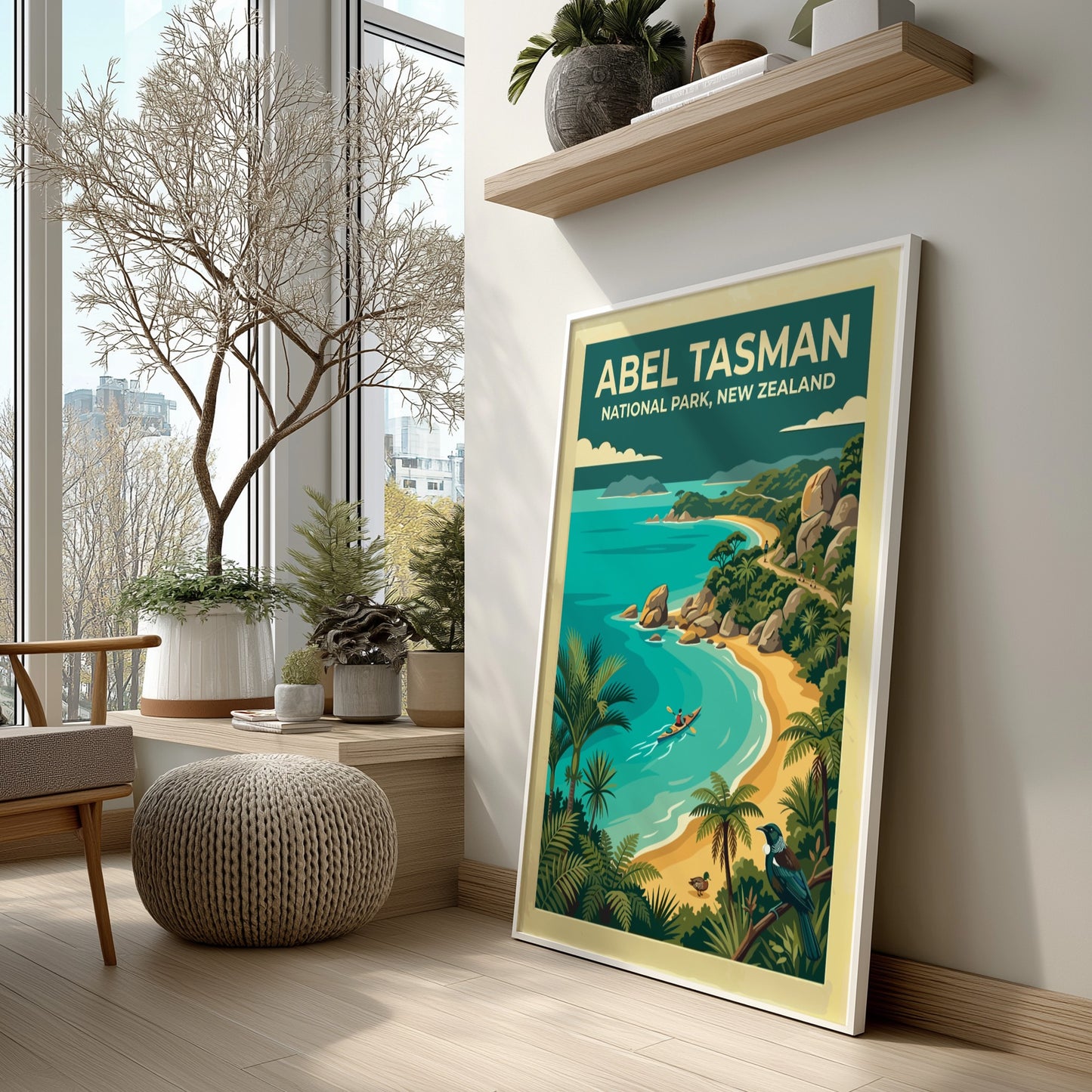 Abel Tasman National Park travel poster featuring a kayaker on turquoise water and palms.