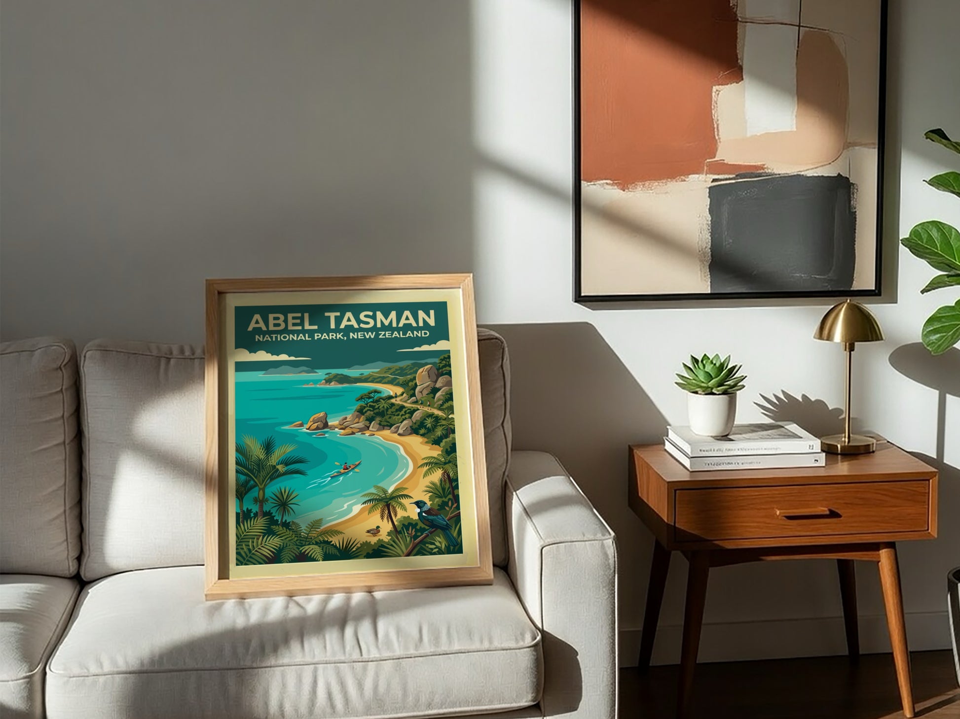 Abel Tasman National Park travel poster featuring a kayaker on turquoise water and palms.