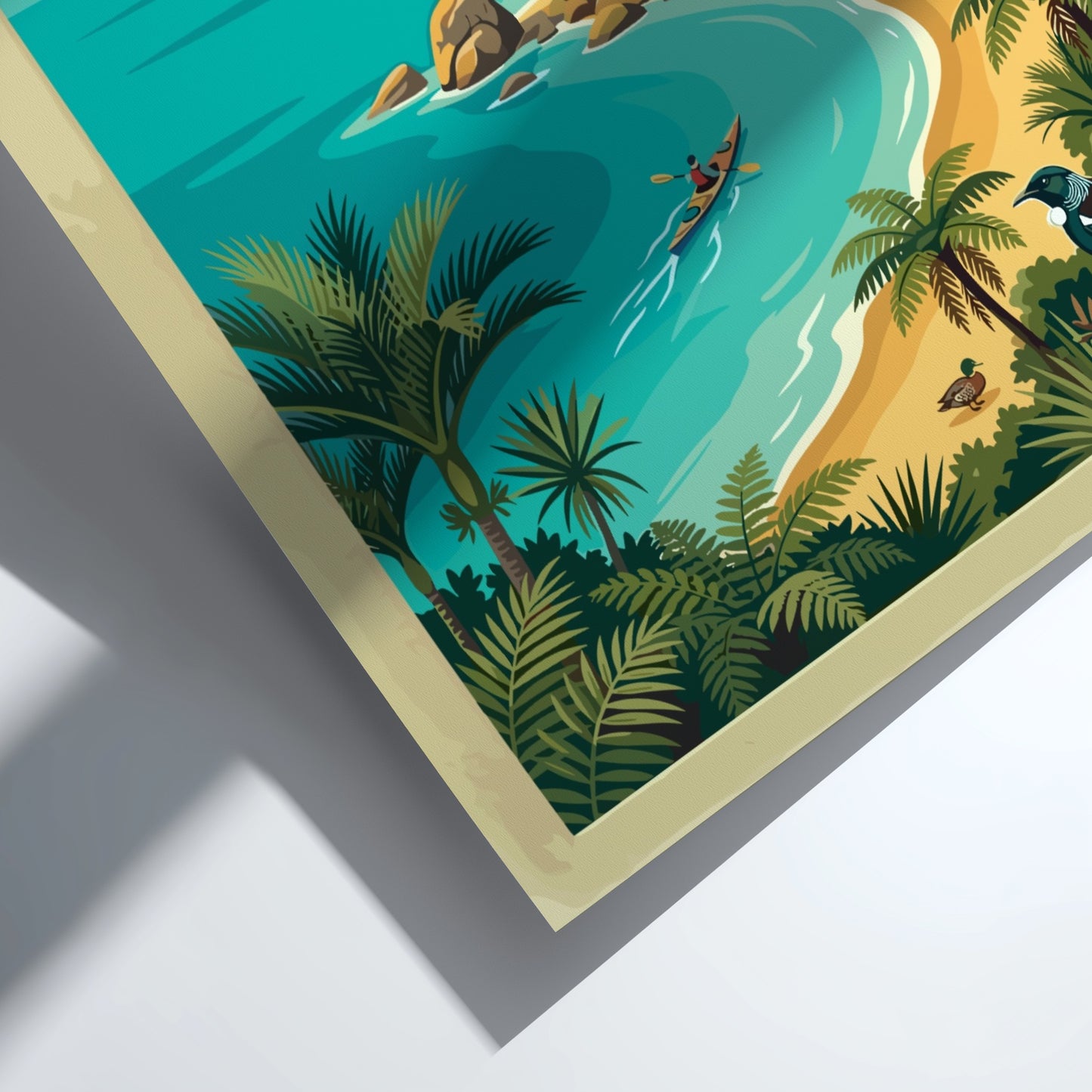 Abel Tasman National Park travel poster featuring a kayaker on turquoise water and palms.