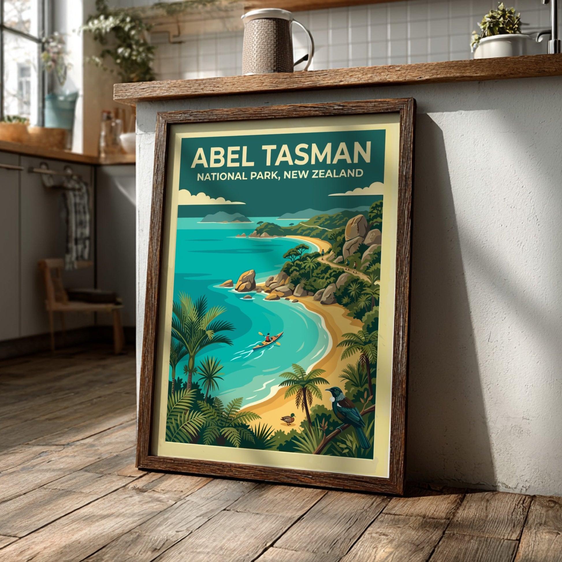 Abel Tasman National Park travel poster featuring a kayaker on turquoise water and palms.