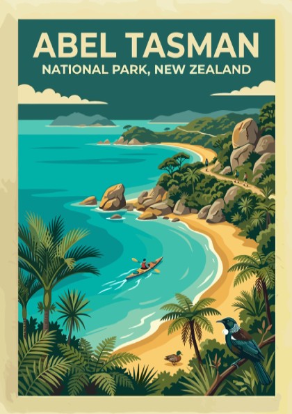 Abel Tasman National Park travel poster featuring a kayaker on turquoise water and palms.