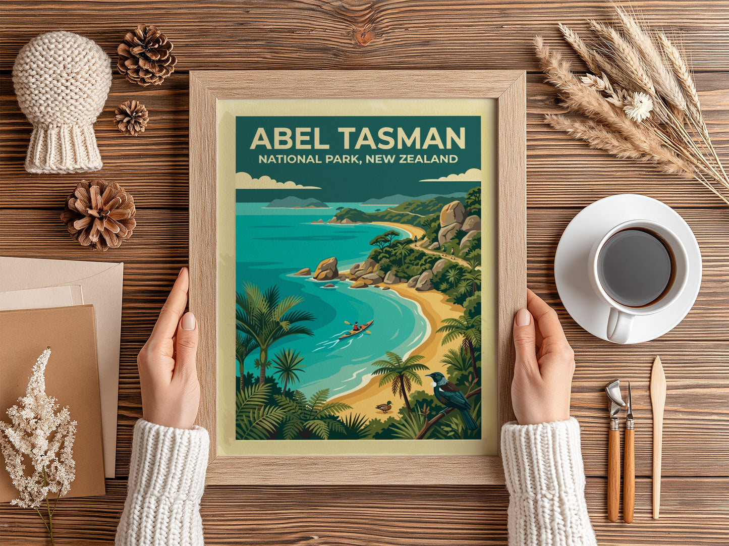 Abel Tasman National Park travel poster featuring a kayaker on turquoise water and palms.