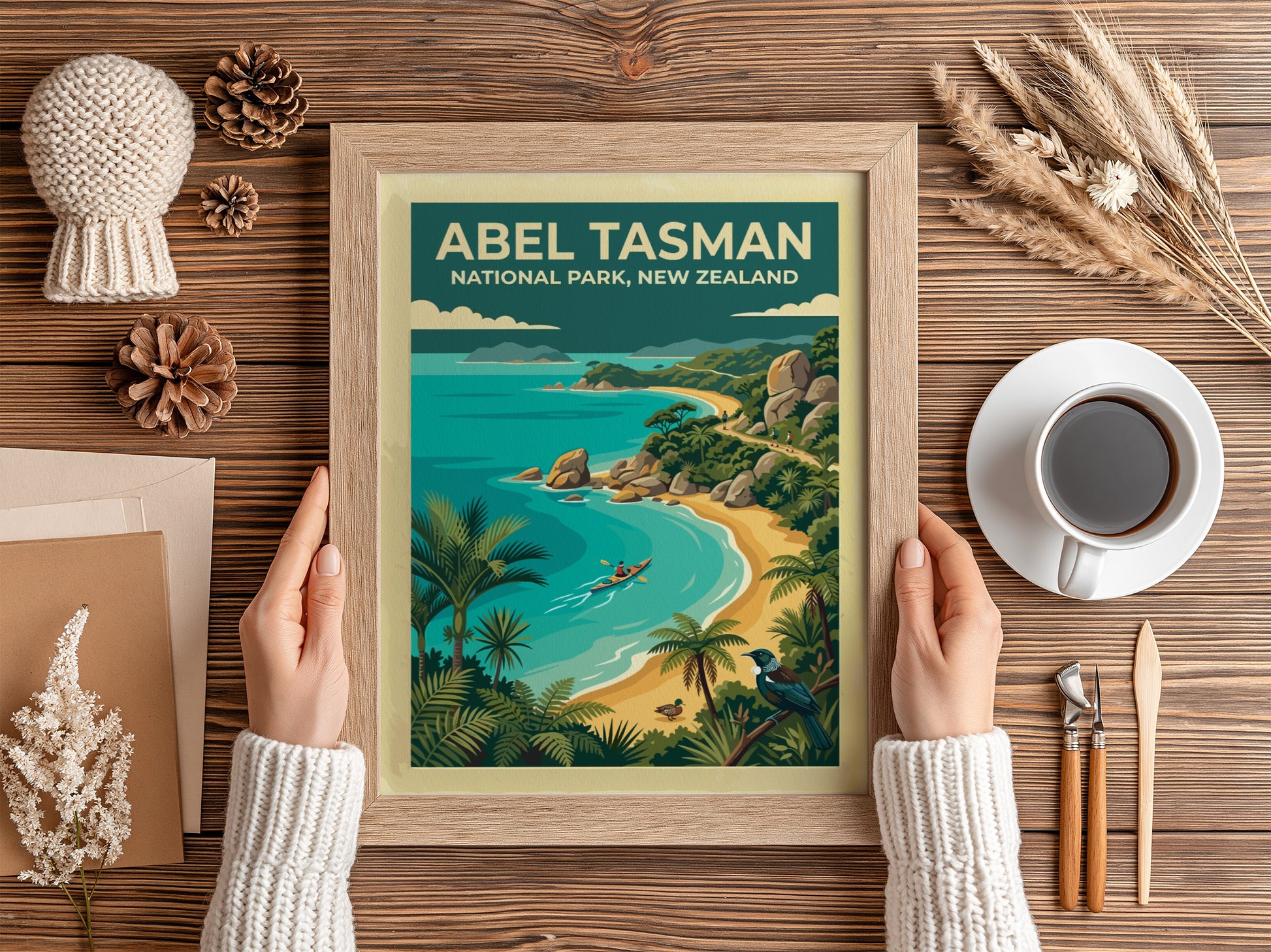Abel Tasman National Park travel poster featuring a kayaker on turquoise water and palms.