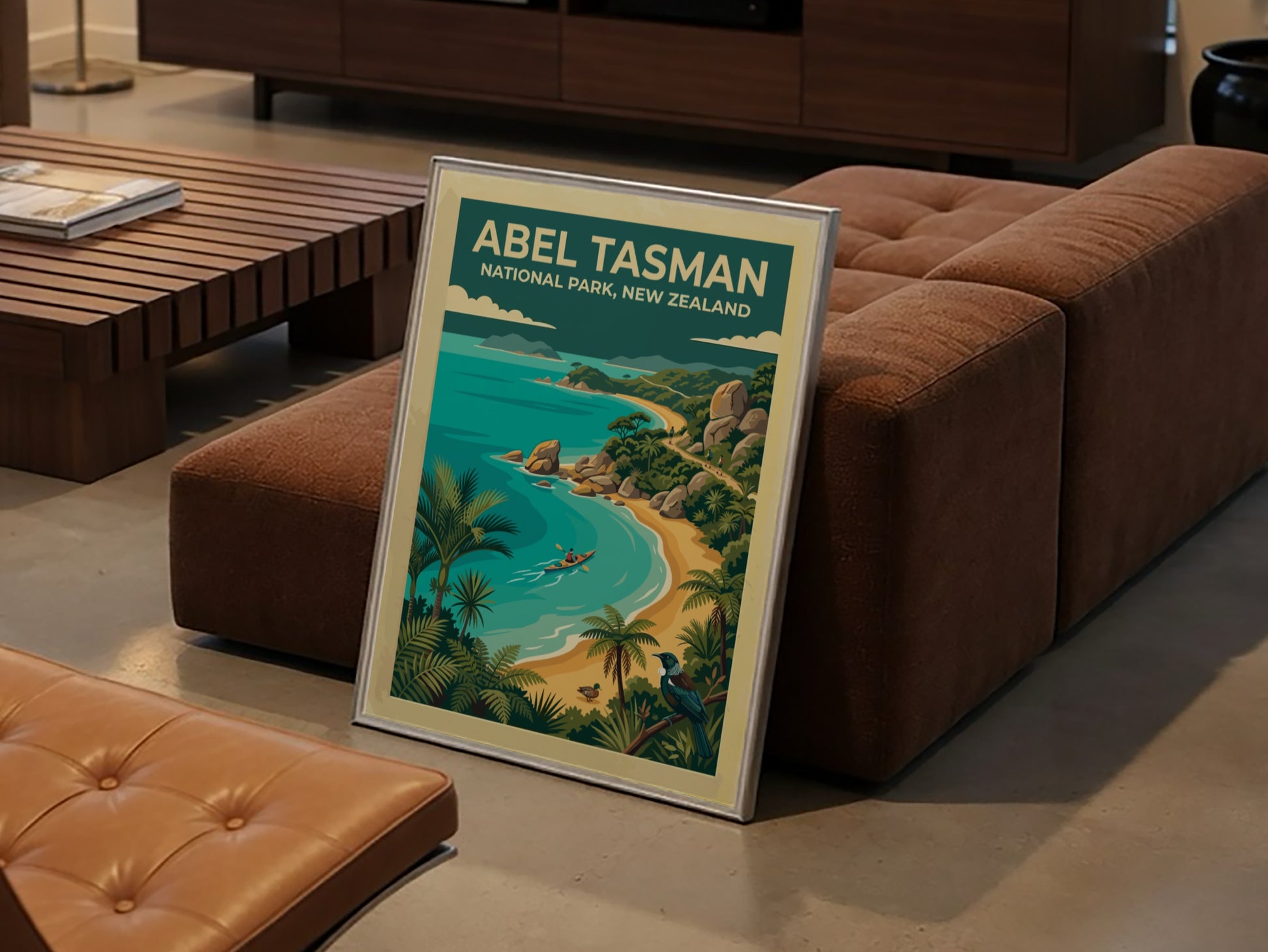 Abel Tasman National Park travel poster featuring a kayaker on turquoise water and palms.
