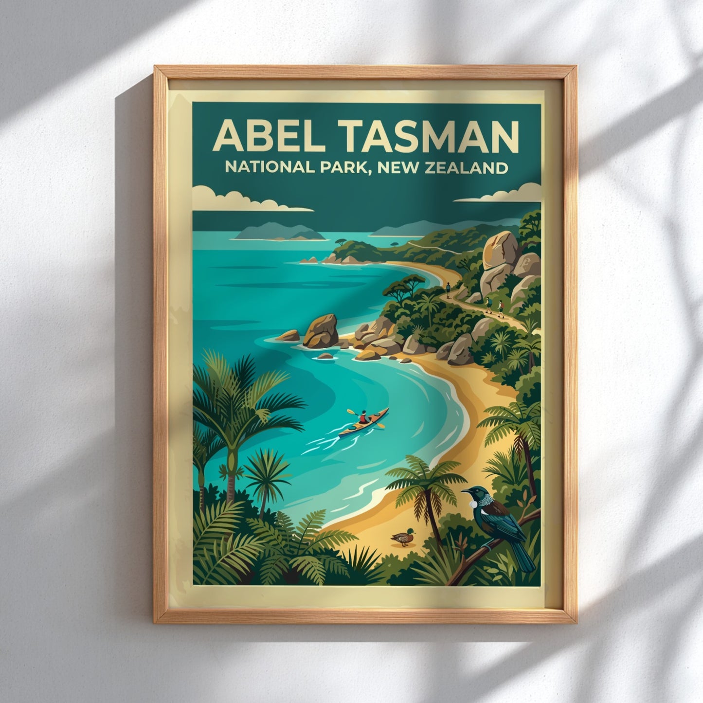 Abel Tasman National Park travel poster featuring a kayaker on turquoise water and palms.