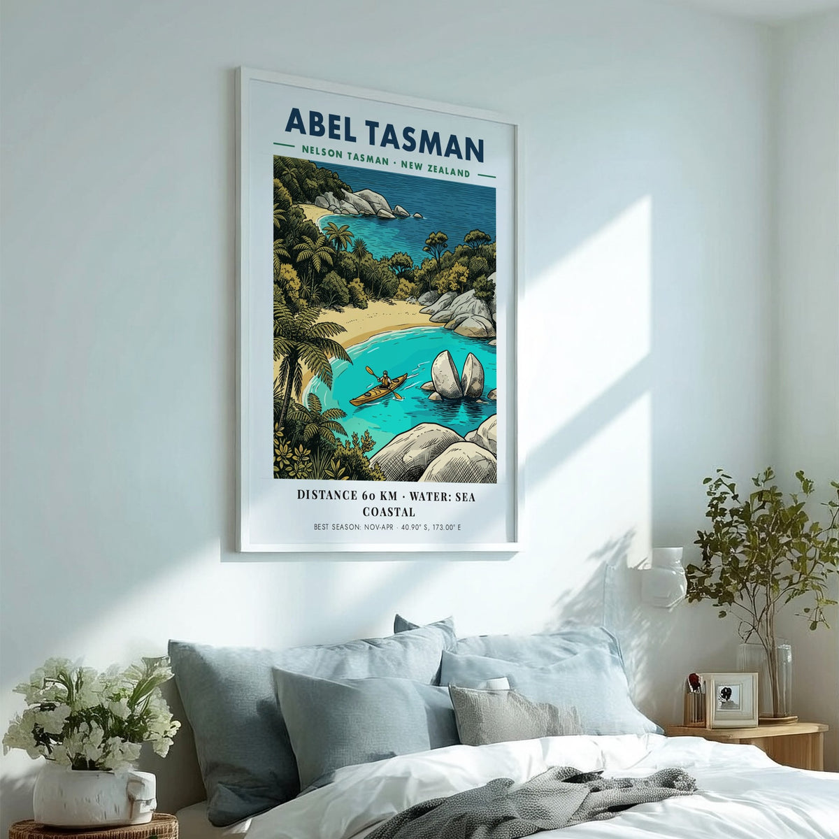 Poster featuring a kayaker paddling near Split Apple Rock in Abel Tasman National Park.