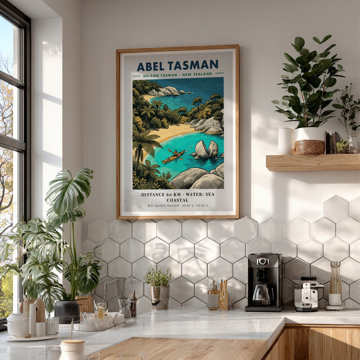 Poster featuring a kayaker paddling near Split Apple Rock in Abel Tasman National Park.