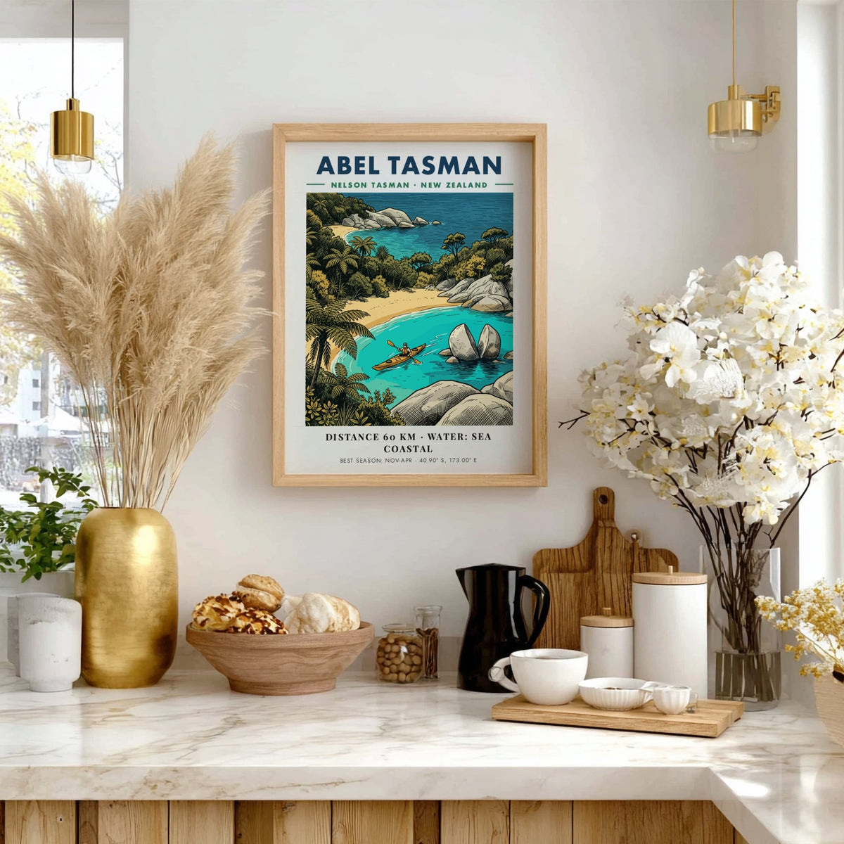 Poster featuring a kayaker paddling near Split Apple Rock in Abel Tasman National Park.