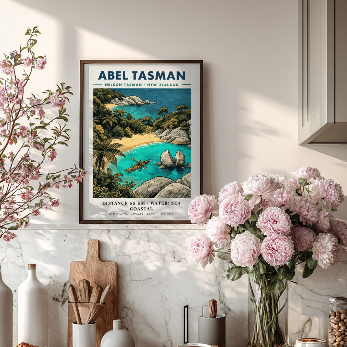 Poster featuring a kayaker paddling near Split Apple Rock in Abel Tasman National Park.