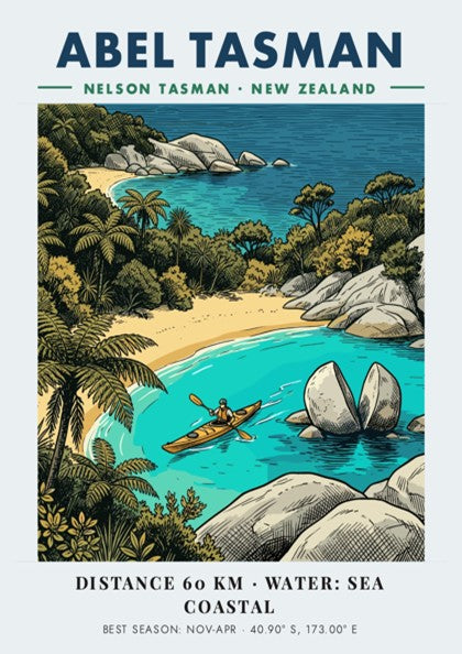 Poster featuring a kayaker paddling near Split Apple Rock in Abel Tasman National Park.
