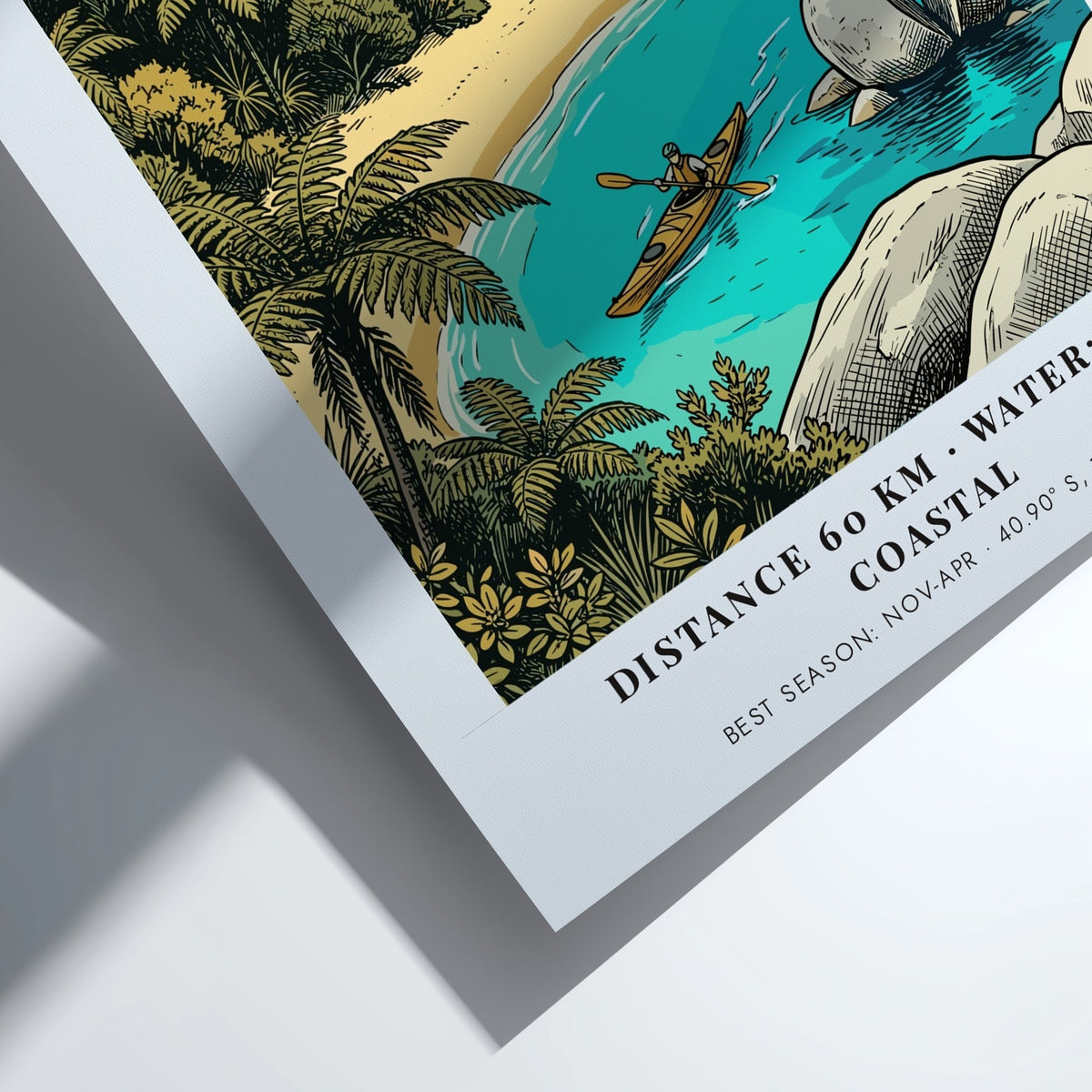 Poster featuring a kayaker paddling near Split Apple Rock in Abel Tasman National Park.