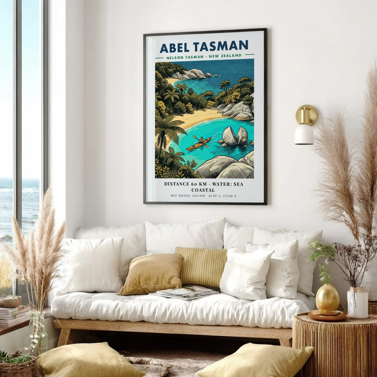 Poster featuring a kayaker paddling near Split Apple Rock in Abel Tasman National Park.