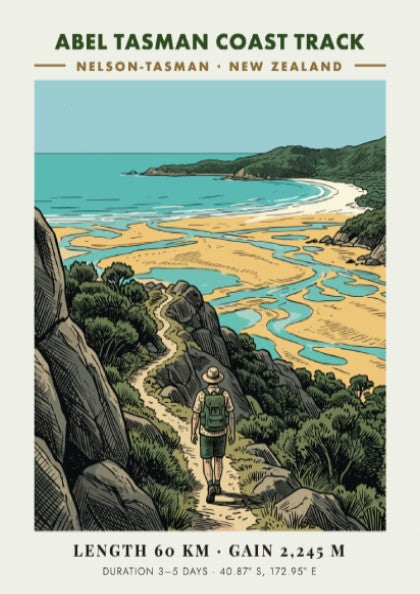 Poster of a hiker on the Abel Tasman Coast Track in New Zealand
