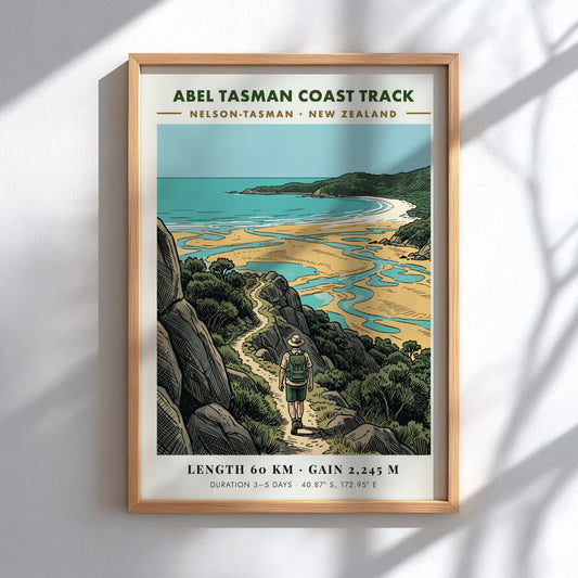 Poster of a hiker on the Abel Tasman Coast Track in New Zealand
