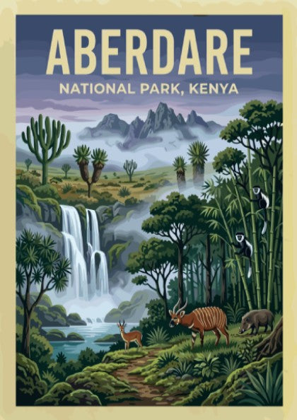 Poster featuring Aberdare National Park with waterfalls, lush greenery, and wildlife in vibrant colors.