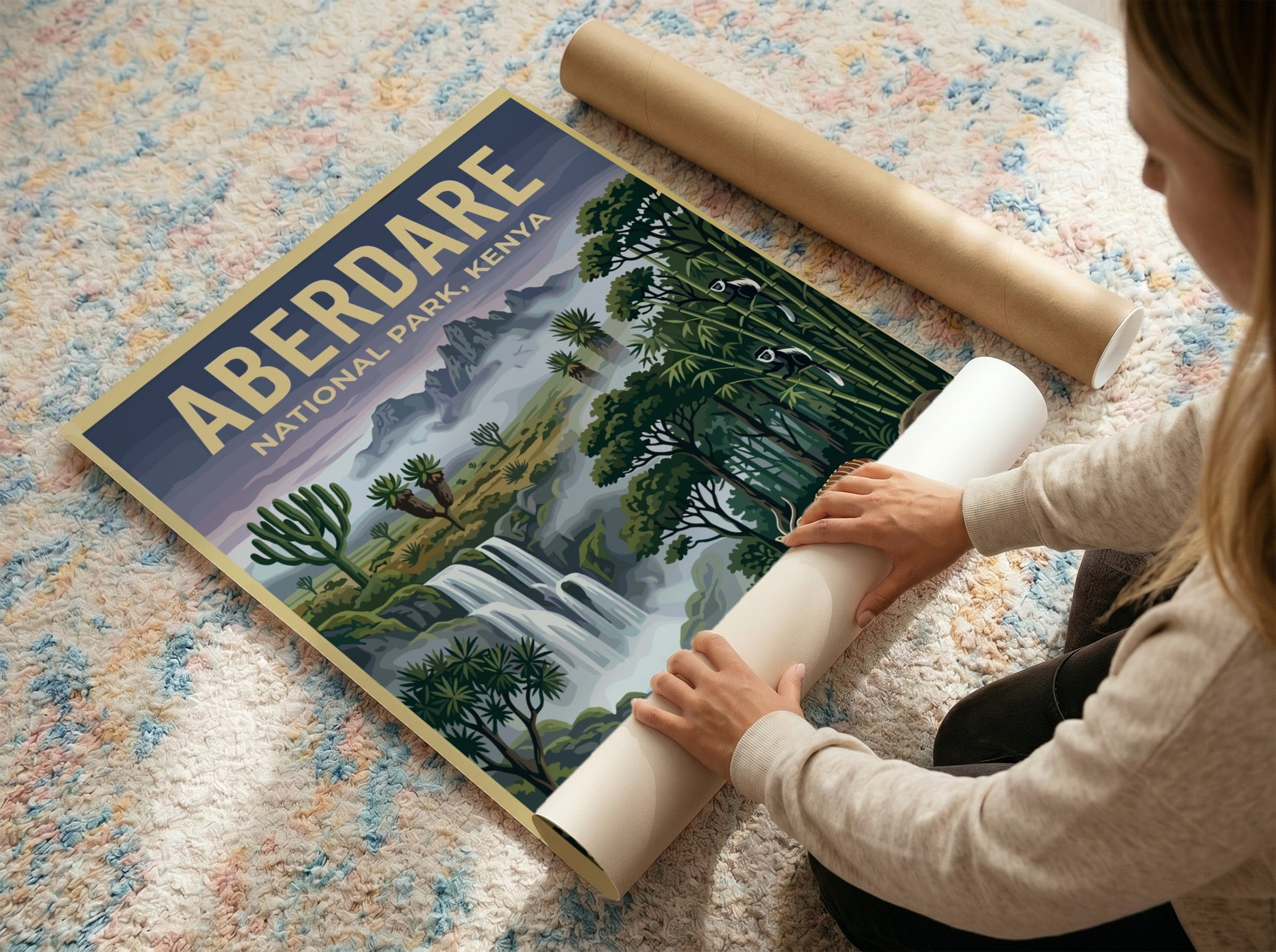 Poster featuring Aberdare National Park with waterfalls, lush greenery, and wildlife in vibrant colors.