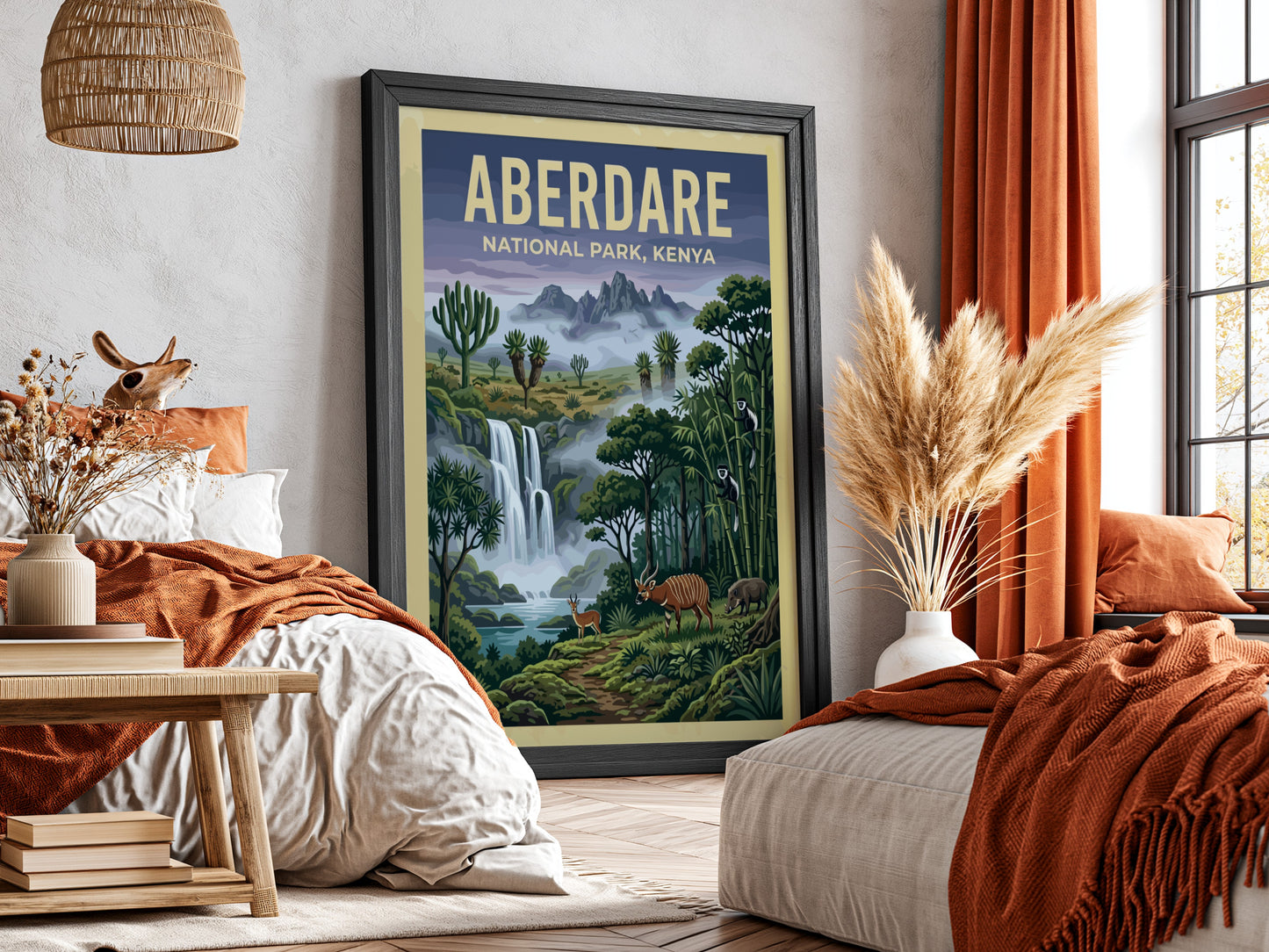 Poster featuring Aberdare National Park with waterfalls, lush greenery, and wildlife in vibrant colors.