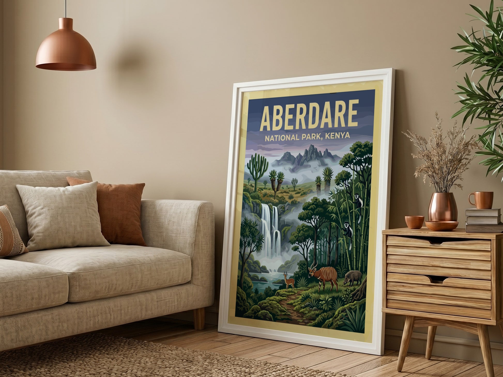 Poster featuring Aberdare National Park with waterfalls, lush greenery, and wildlife in vibrant colors.