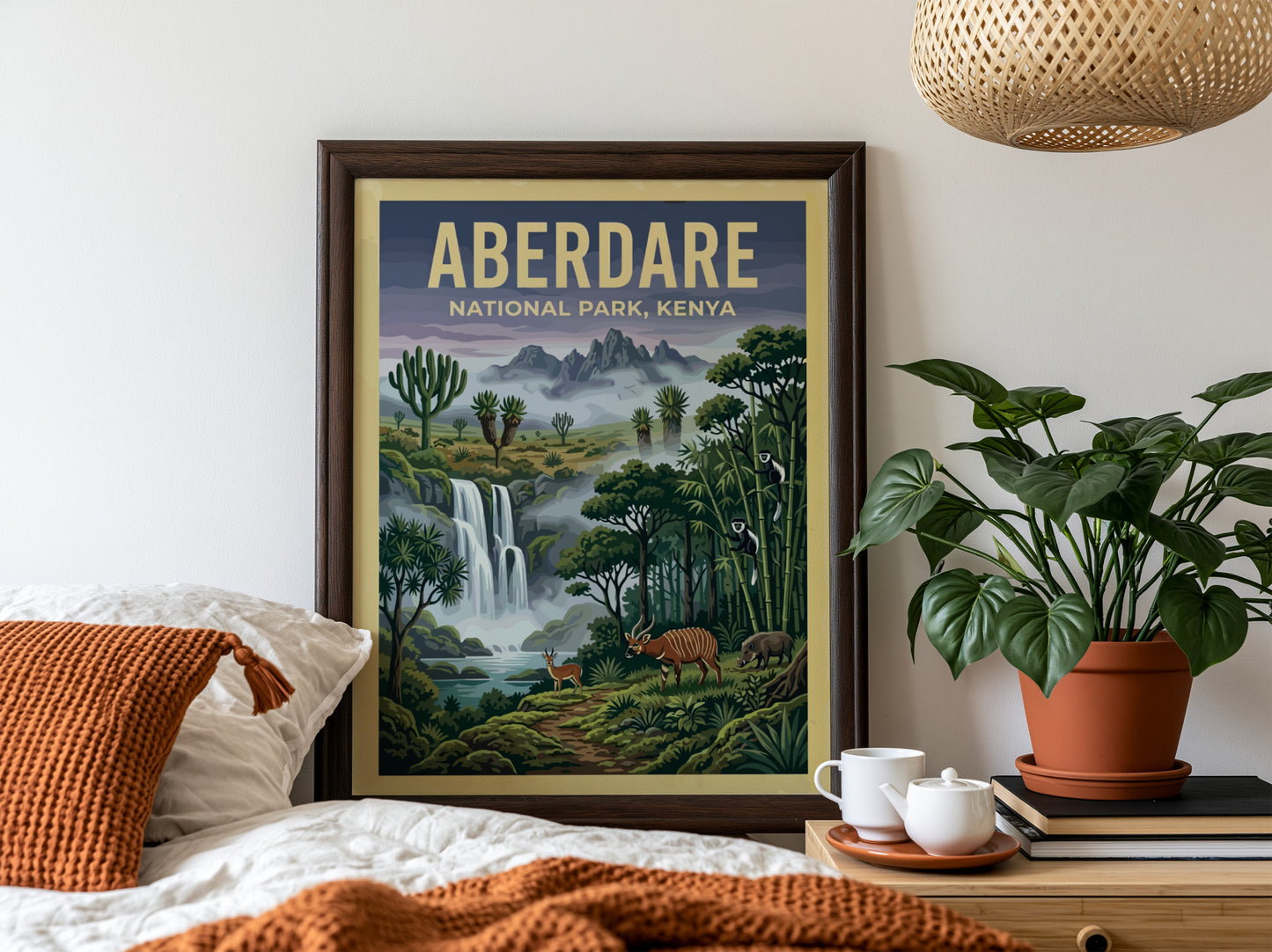 Poster featuring Aberdare National Park with waterfalls, lush greenery, and wildlife in vibrant colors.