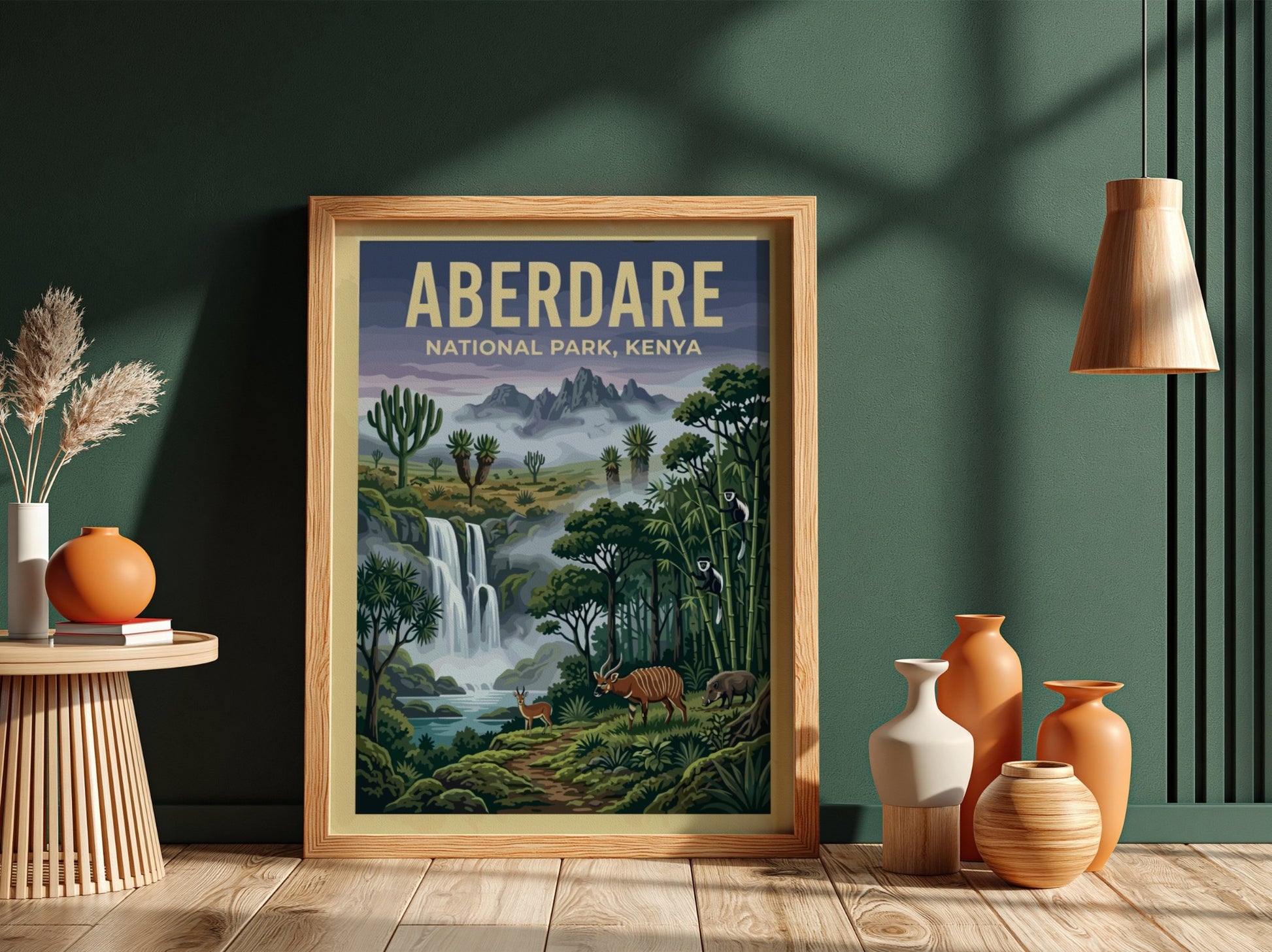 Poster featuring Aberdare National Park with waterfalls, lush greenery, and wildlife in vibrant colors.