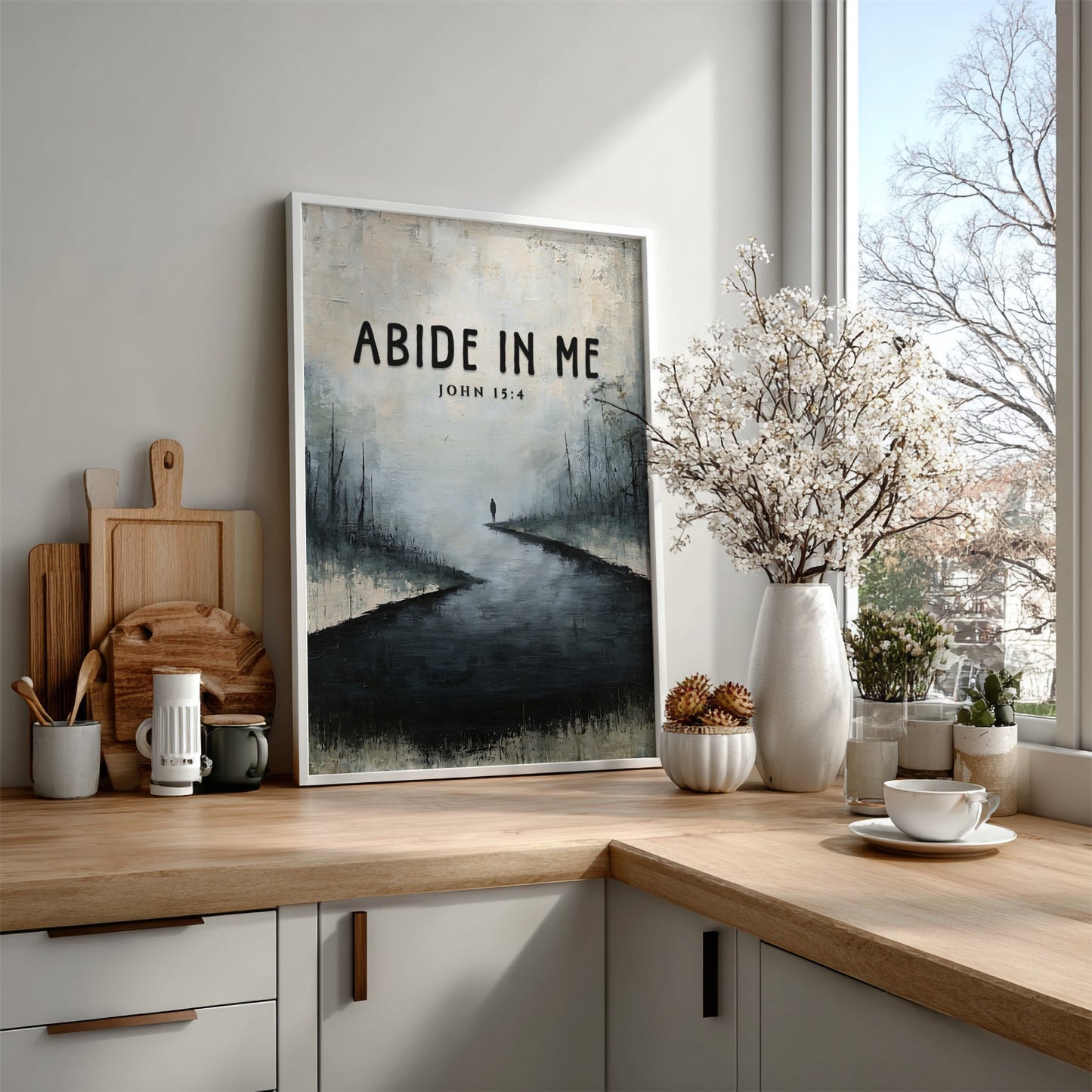 Abide In Me poster featuring a serene landscape with muted colors and an inspirational Bible verse.