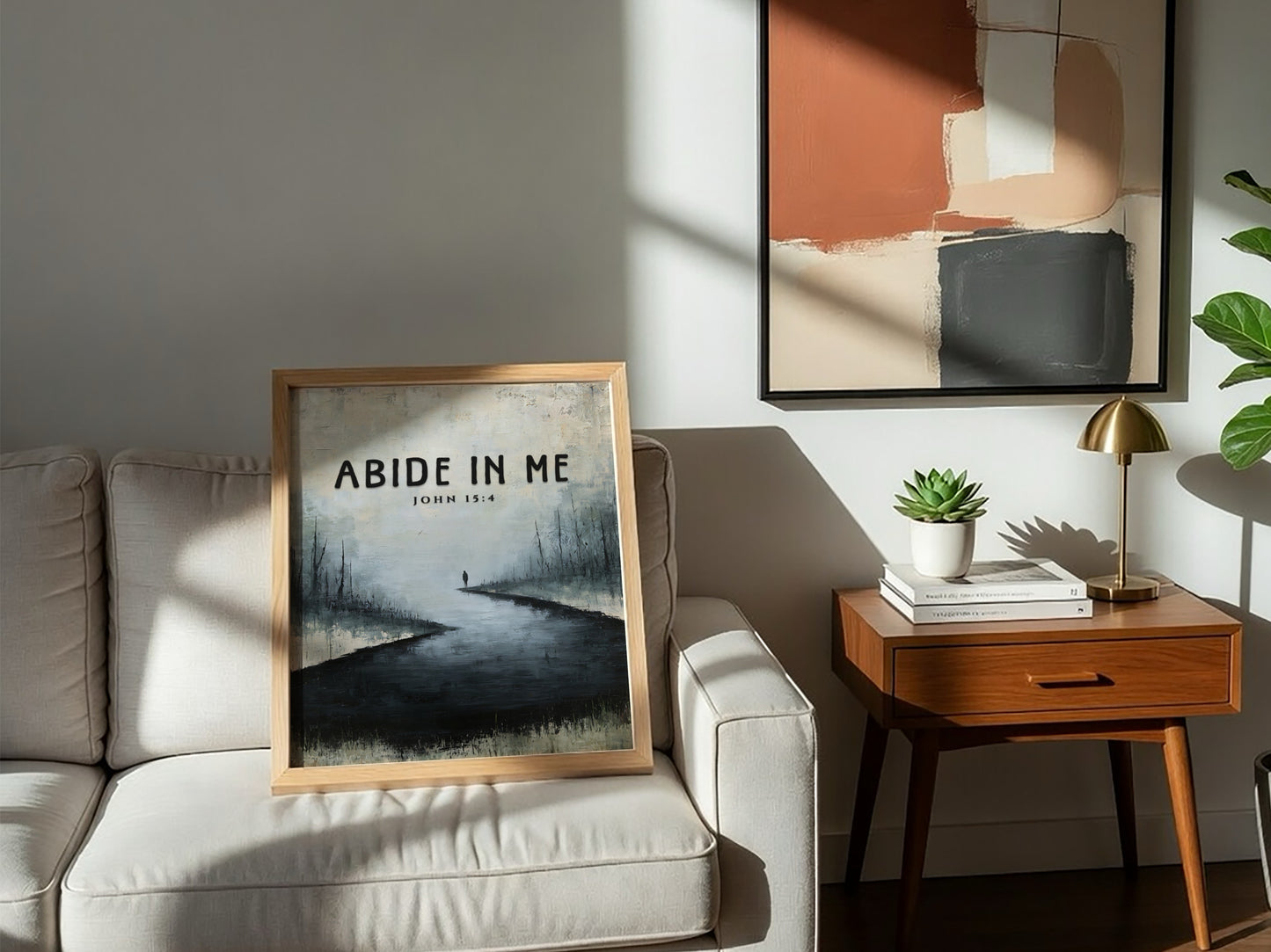Abide In Me poster featuring a serene landscape with muted colors and an inspirational Bible verse.
