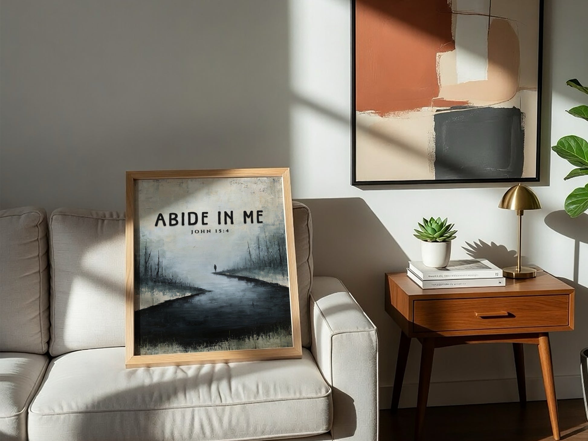 Abide In Me poster featuring a serene landscape with muted colors and an inspirational Bible verse.