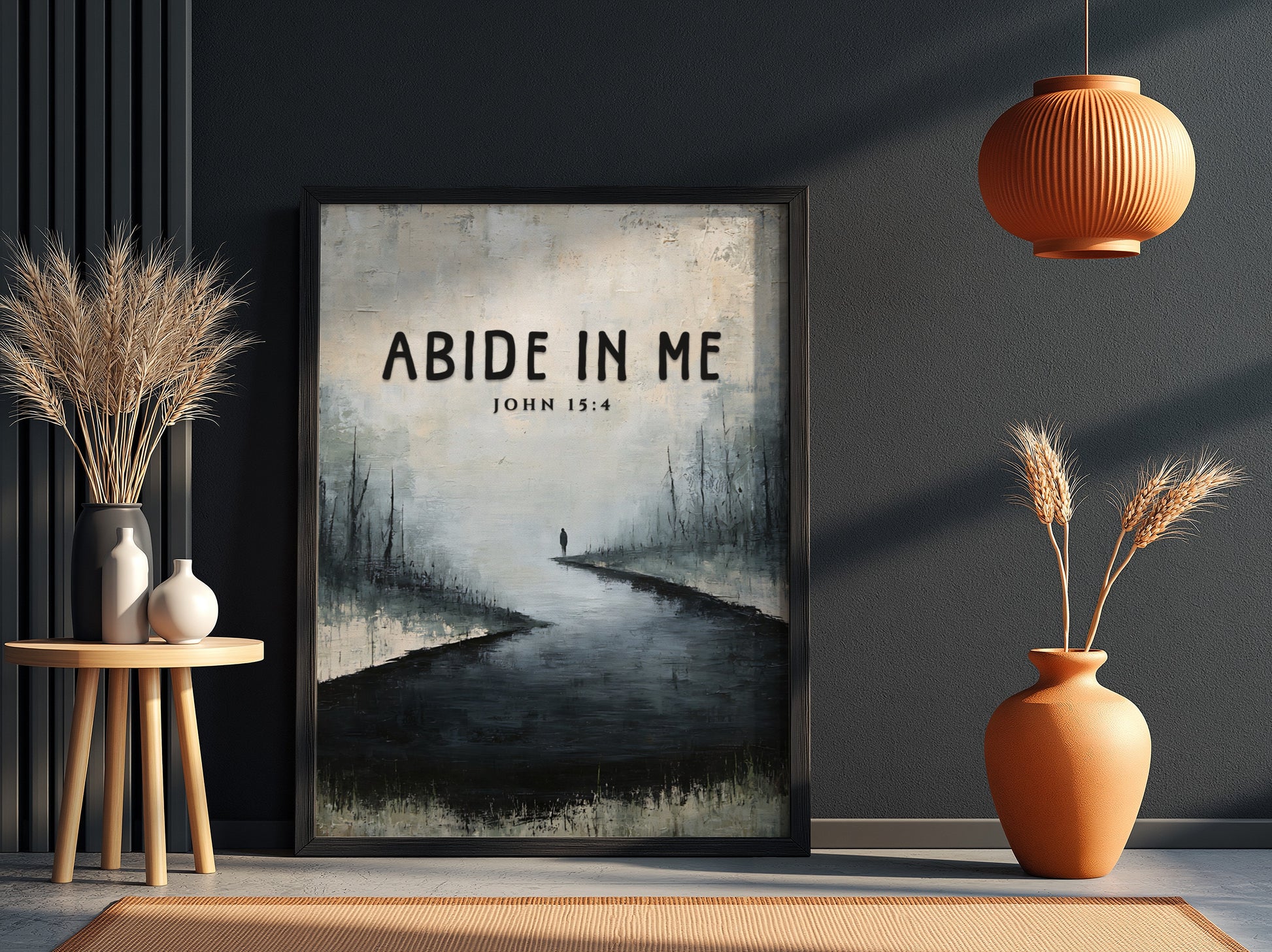 Abide In Me poster featuring a serene landscape with muted colors and an inspirational Bible verse.