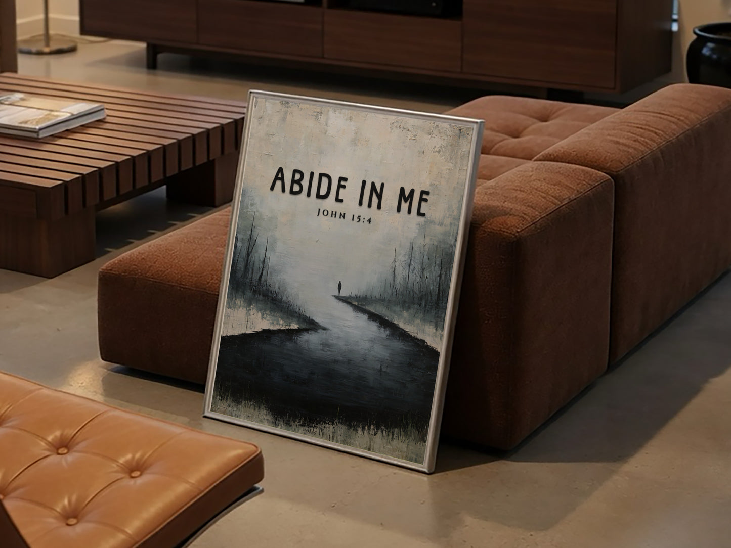 Abide In Me poster featuring a serene landscape with muted colors and an inspirational Bible verse.