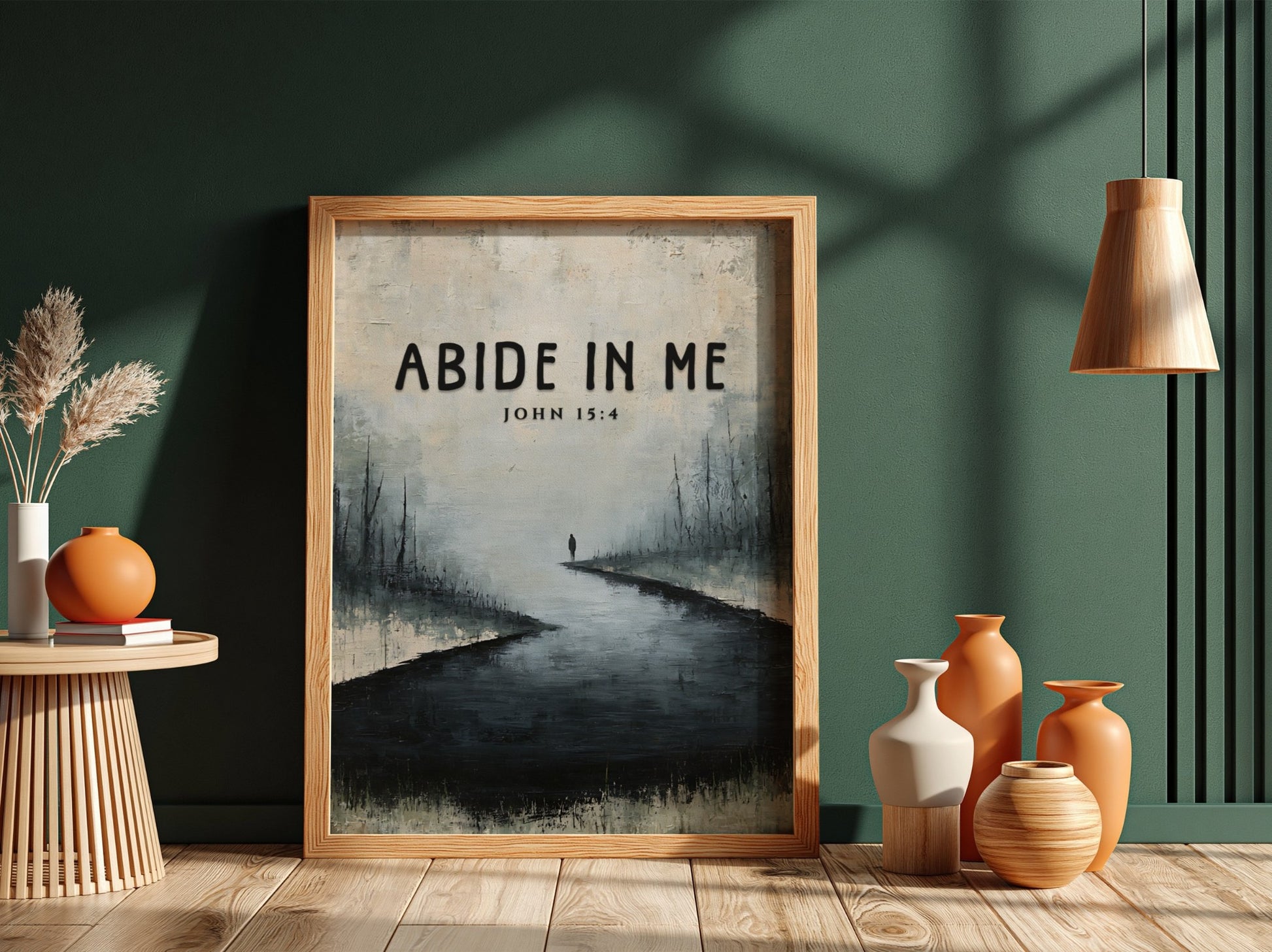 Abide In Me poster featuring a serene landscape with muted colors and an inspirational Bible verse.