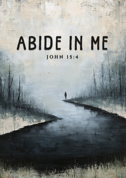 Abide In Me poster featuring a serene landscape with muted colors and an inspirational Bible verse.