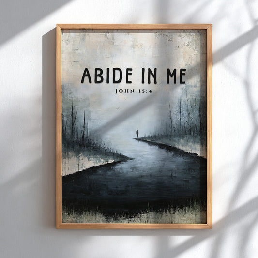 Abide In Me poster featuring a serene landscape with muted colors and an inspirational Bible verse.