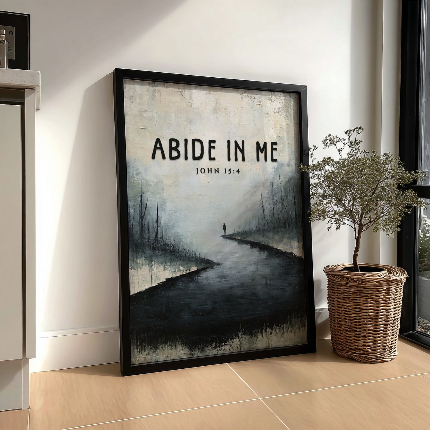 Abide In Me poster featuring a serene landscape with muted colors and an inspirational Bible verse.