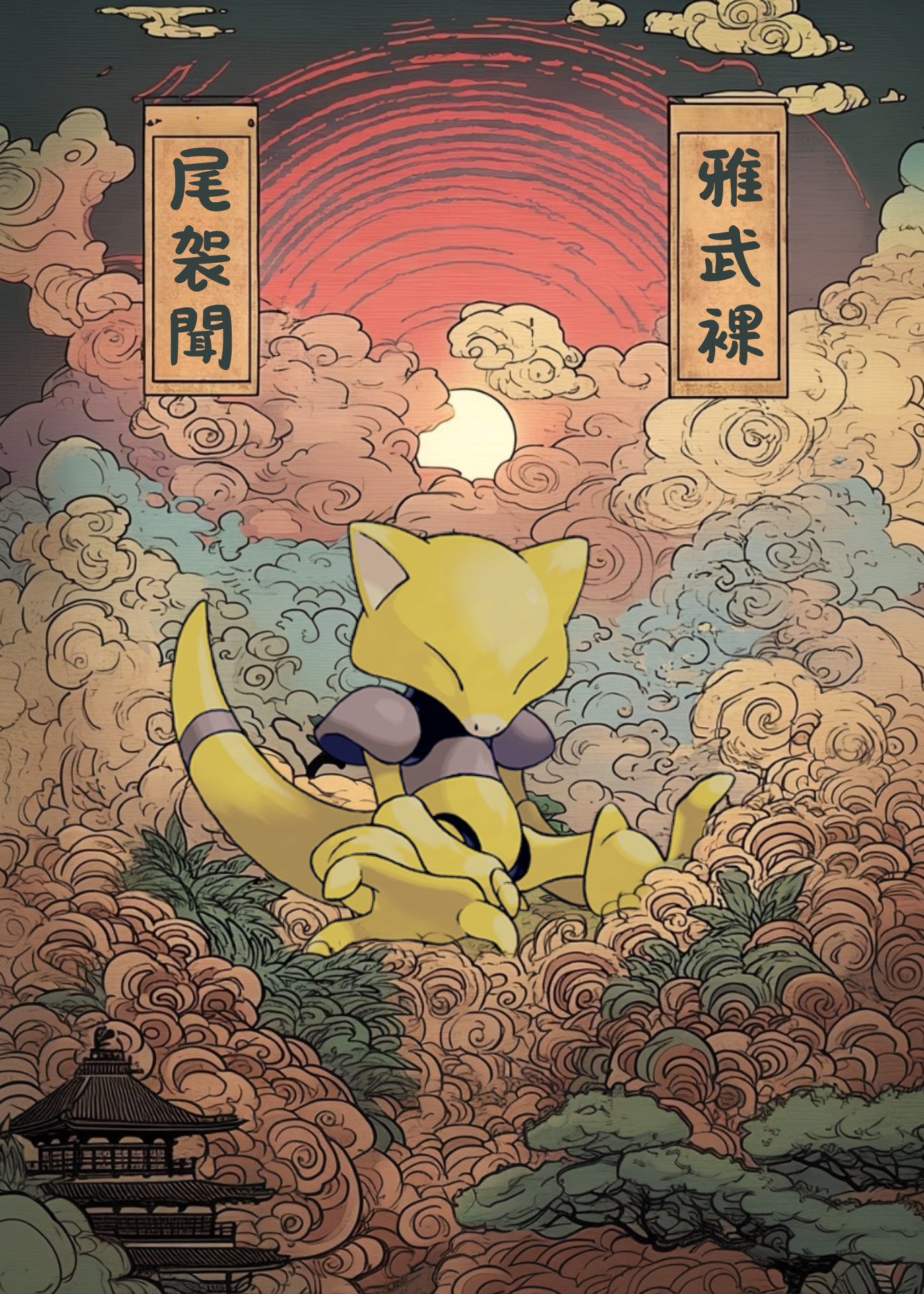 Abra Pokemon character sitting on a cloud with a red sun and Chinese text in the background.