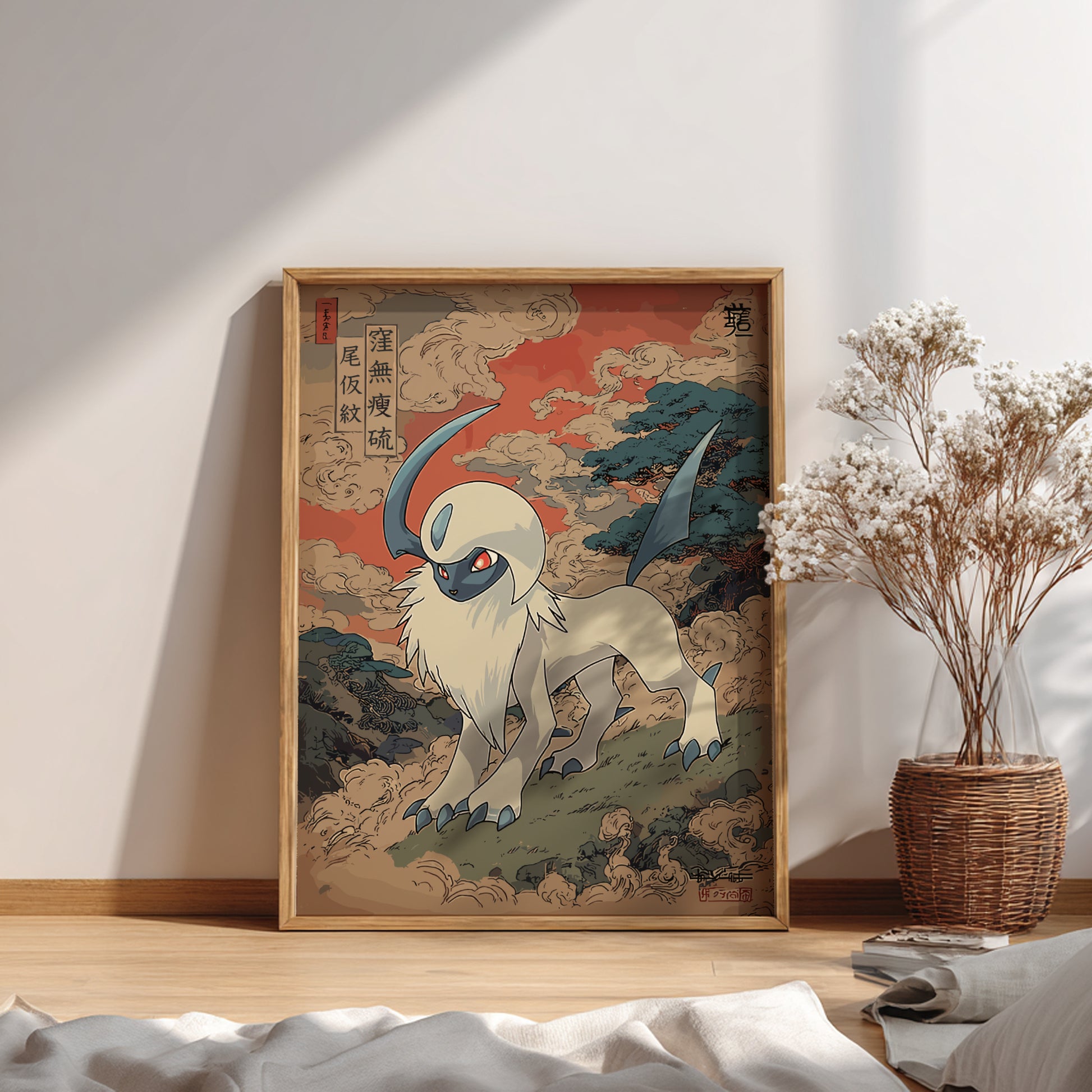 Framed artwork of Absol Pokemon in a room with a plant and books.