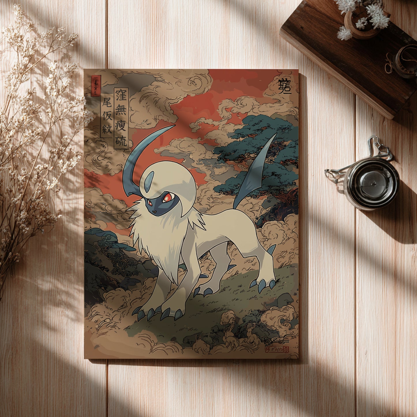 Poster with Absol Pokemon illustration on a wooden surface