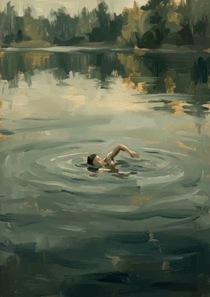 Poster featuring a lone swimmer in calm green water with soft impressionist brushstrokes