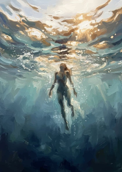 Poster of a woman swimming underwater with sunlight filtering through deep blue ocean waves