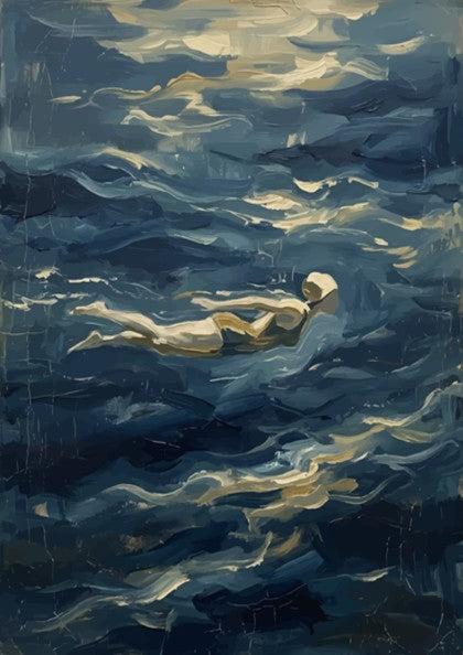 Poster of a lone swimmer gliding through textured, deep blue, impressionist style ocean waves.